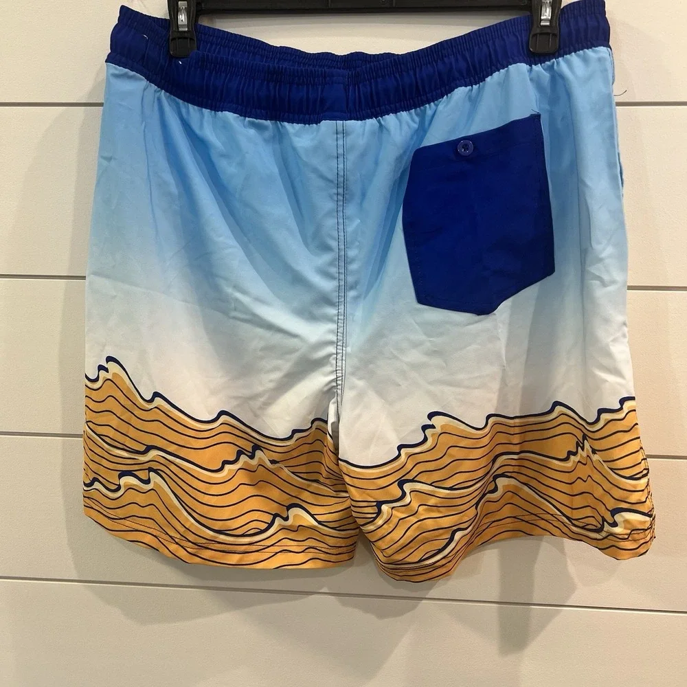 Pabst Blue Ribbon Graphic Swim Trunks Board Shorts Size XL Blue Yellow Stretchy